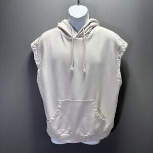 H&M Men Sweatshirt L Beige Sleeveless Drawstring Hoodie Gym Training Pullover